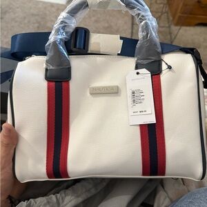 Nautica White Duffel Bag with Red and Navy Stripes